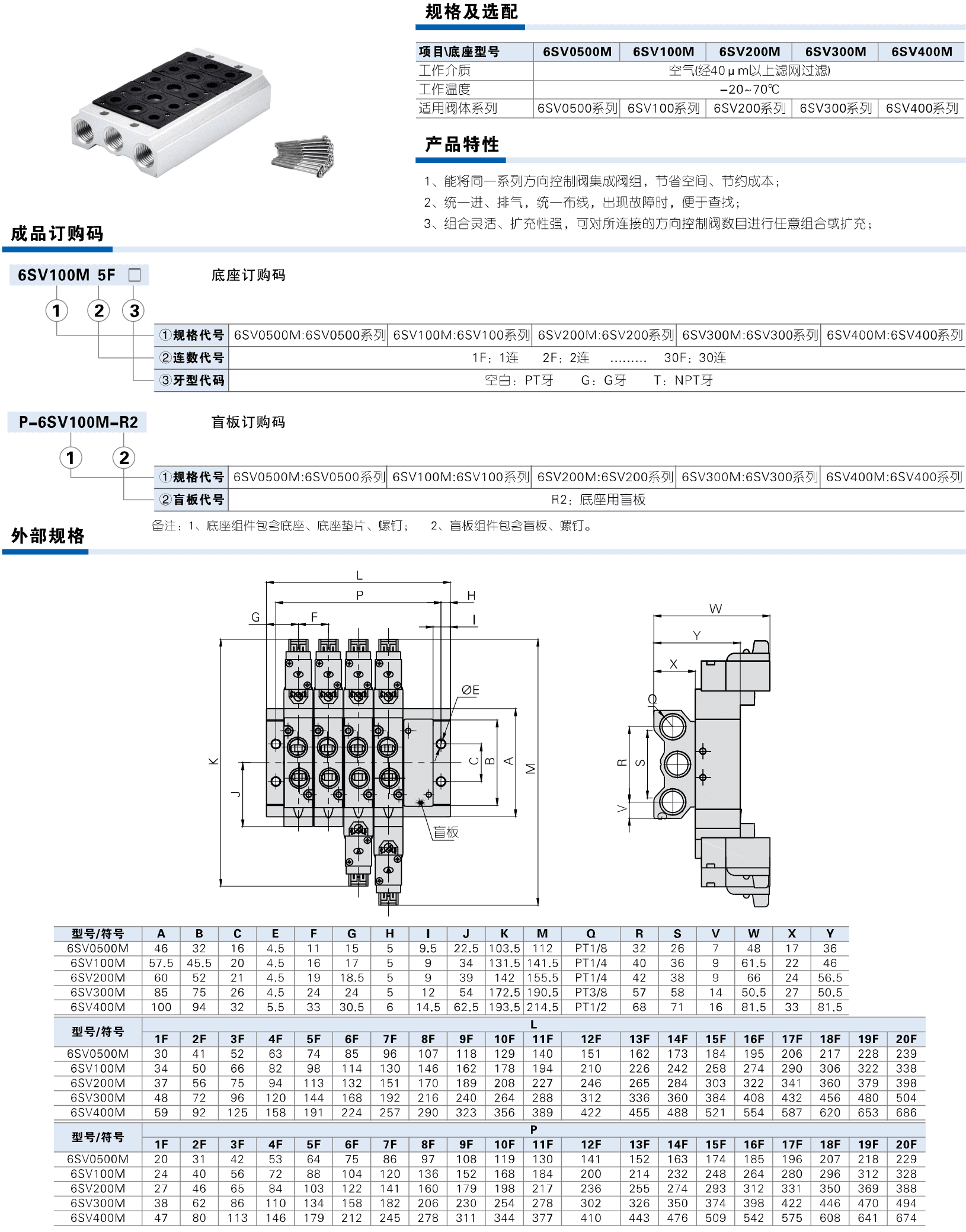6SV manifold matching, ordering and installed solenoid valve assembly dimensions