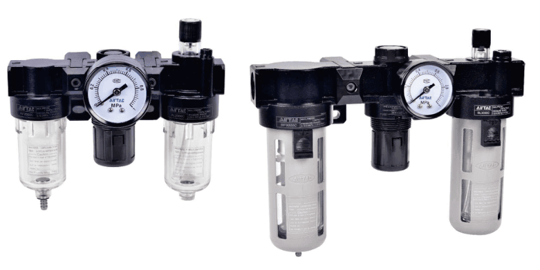 AC compact three-piece filter regulator and lubricator left; BC guarded combination right
