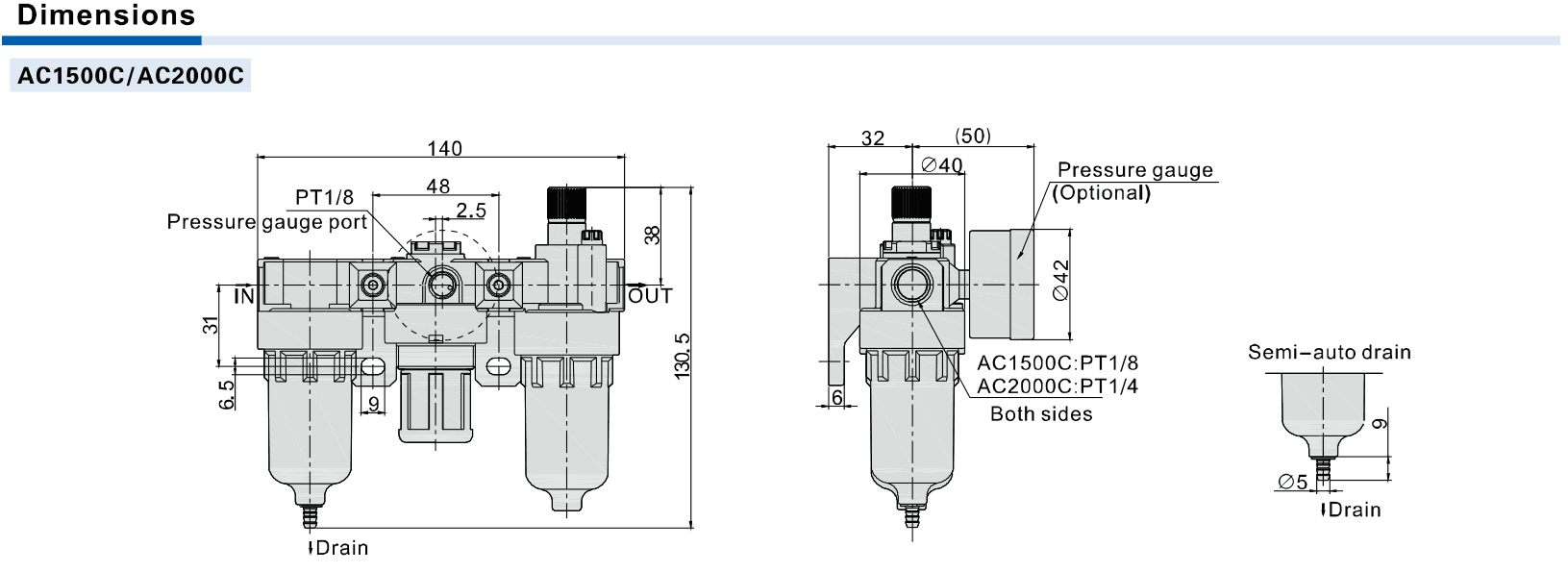 AC1500C and AC2000C complete three-piece dimensions and semi-auto drain