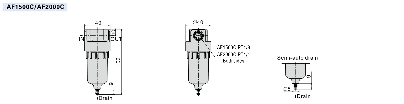 AF1500C and AF2000C installation dimensions and semi-auto drain