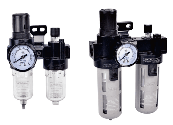 AFC compact filter-regulator and lubricator left; BFC guarded combination right
