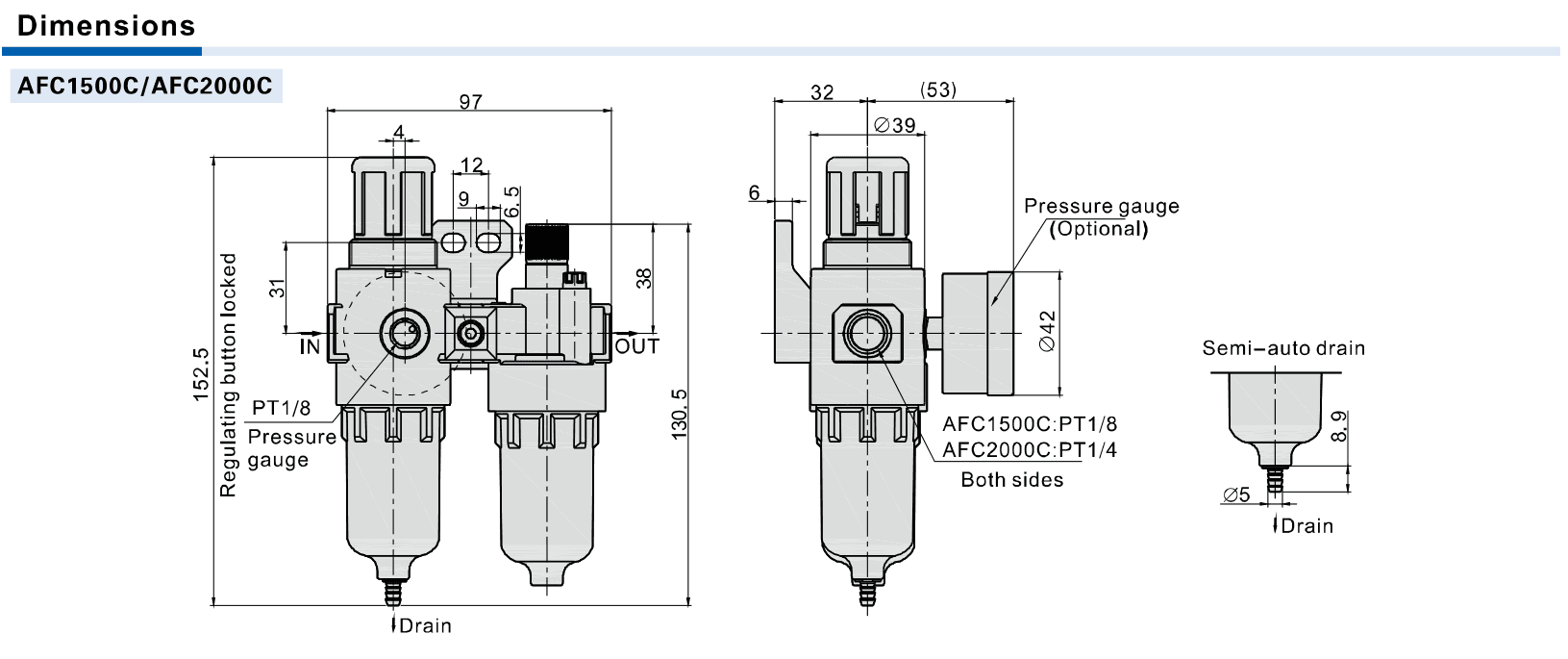 AFC1500C and AFC2000C complete two-piece assembly dimensions and semi-auto drain