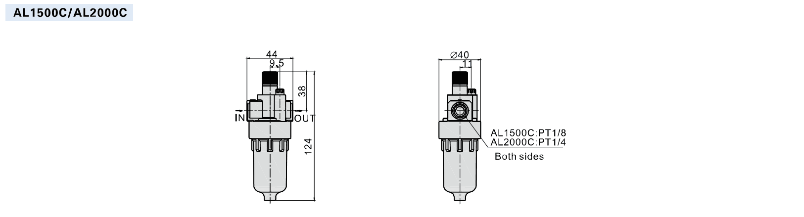 AL1500C and AL2000C lubricator installation dimensions and IN OUT direction