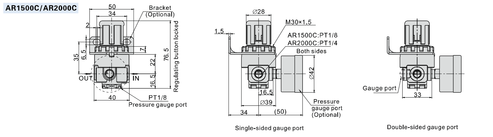 AR1500C und AR2000C: Einbaumaße mit einem oder zwei Manometeranschlüssen