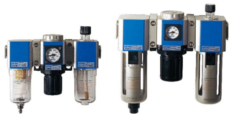 GC200 three-unit assembly left; GC600 separate filter regulator and lubricator units right