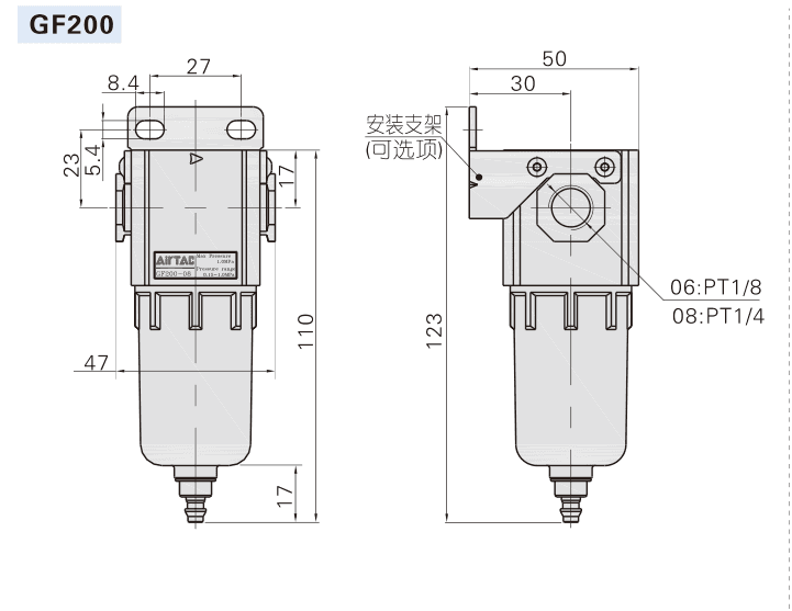 GF200-06 and GF200-08 installation dimensions and port labels