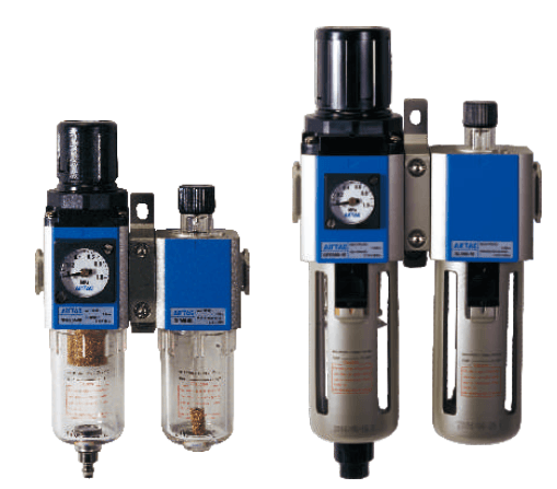 GFC200 two-unit assembly left; GFC600 filter regulator and lubricator assembly right