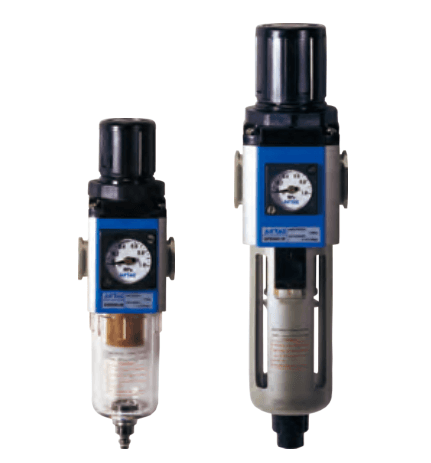 GFR200 compact filter regulator left; GFR600 large aluminium-bowl filter regulator right