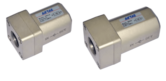 NRV non-return valves with markedIN andOUT flow direction