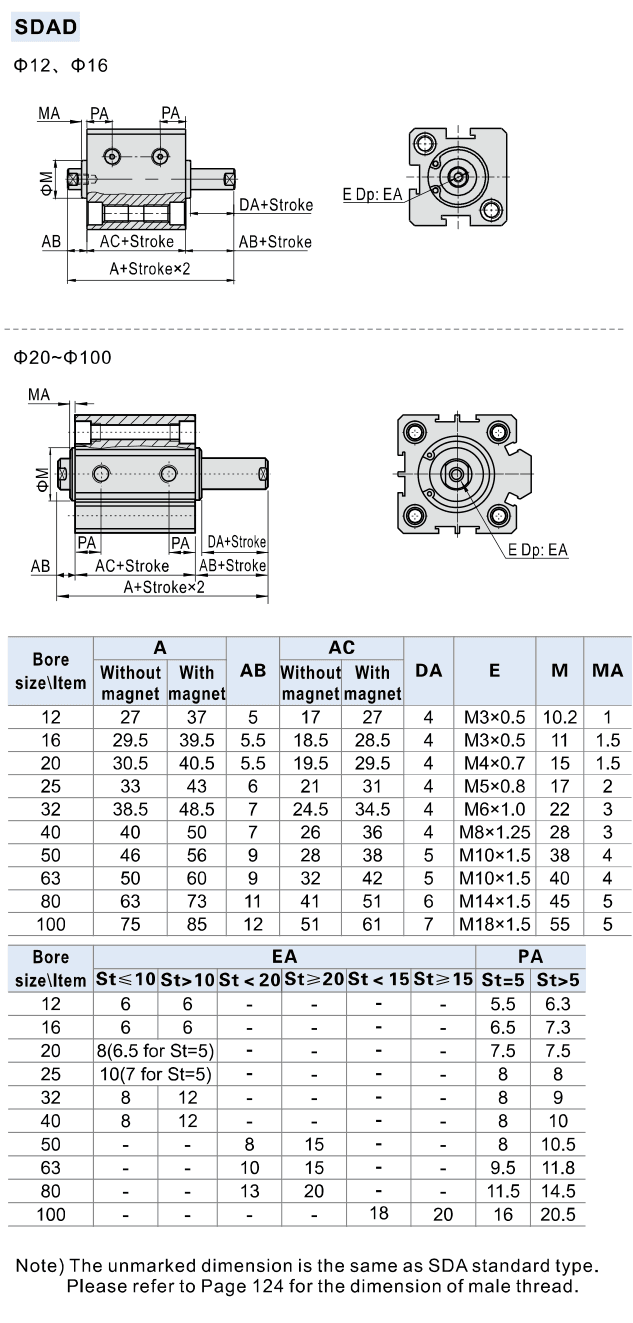 SDAD dimensions; male rod-end dimensions are on the SDA standard sheet