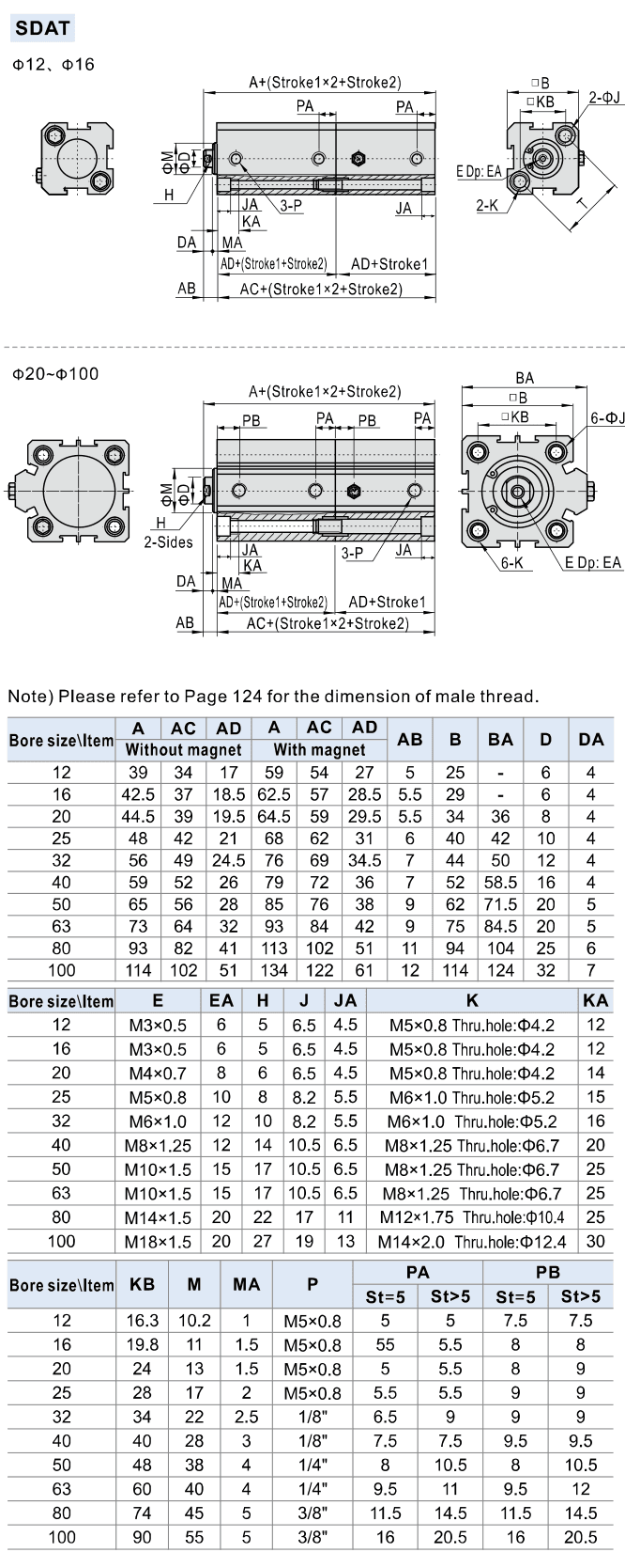 SDAT dimensions; male rod-end dimensions are on the SDA standard sheet