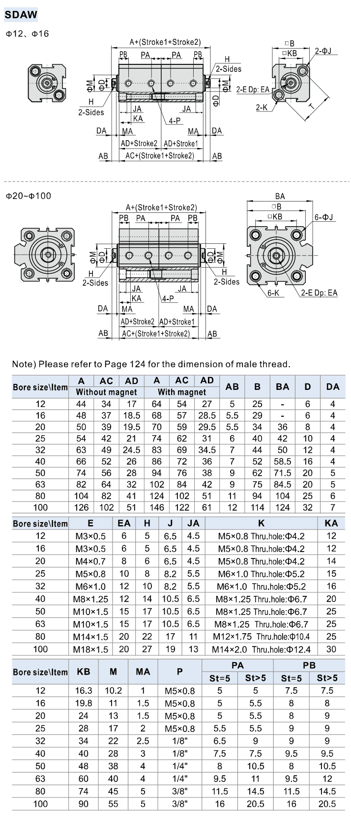 SDAW dimensions; male rod-end dimensions are on the SDA standard sheet