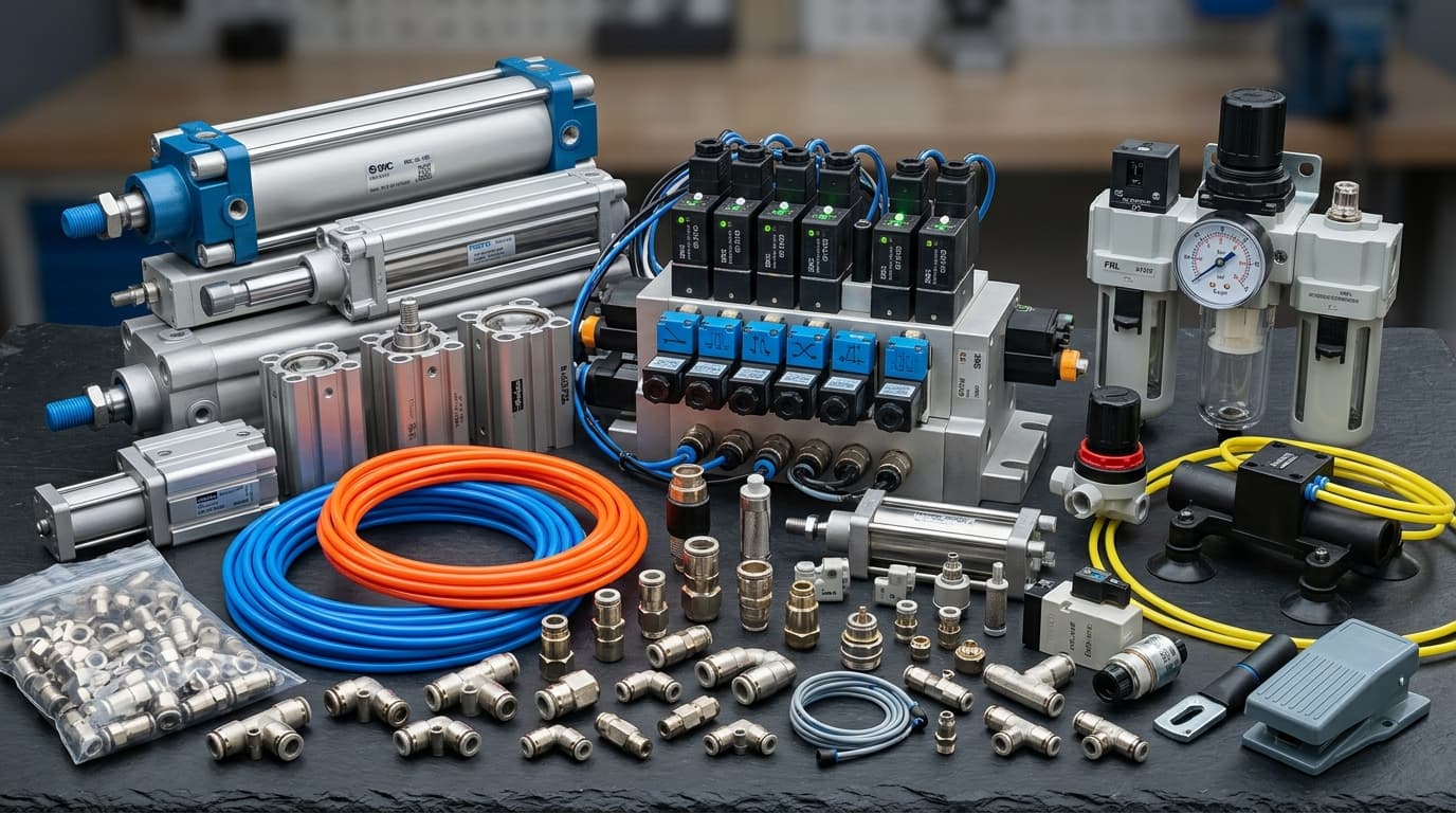 Abundant industrial pneumatic automation components collection - cylinders, solenoid valves, fittings, and air preparation