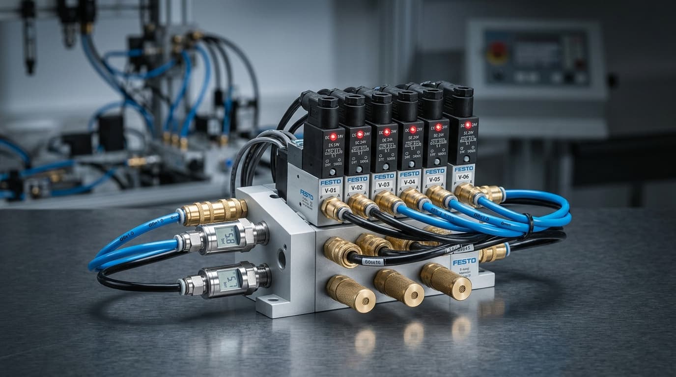 Magnetventil-Verteilerblock mit schwarzen Spulen und Steckverbindern