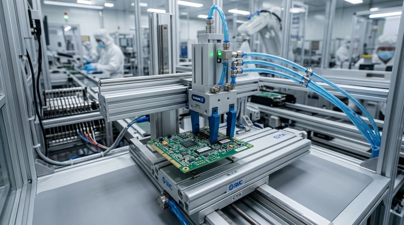 Precision electronics assembly with miniature pneumatics
