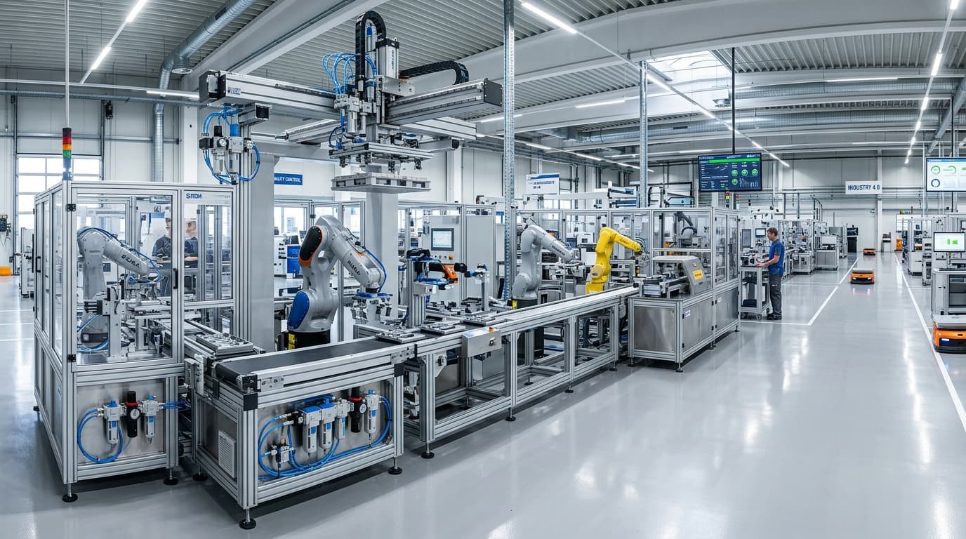 Modern industrial automation facility with integrated pneumatic systems